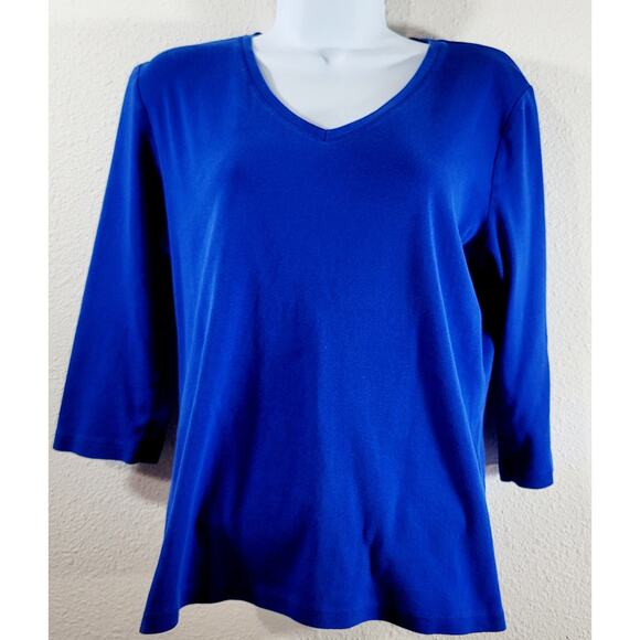 St John's Bay Blue V Neck 3/4 Sleeves Top Large Lightweight Soft Stretch - Picture 1 of 6